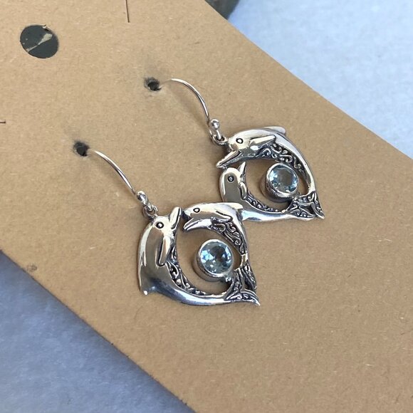 Sterling Silver 925 Blue Topaz Dolphin Earrings & Pendant Necklace Set 18" - Picture 5 of 16